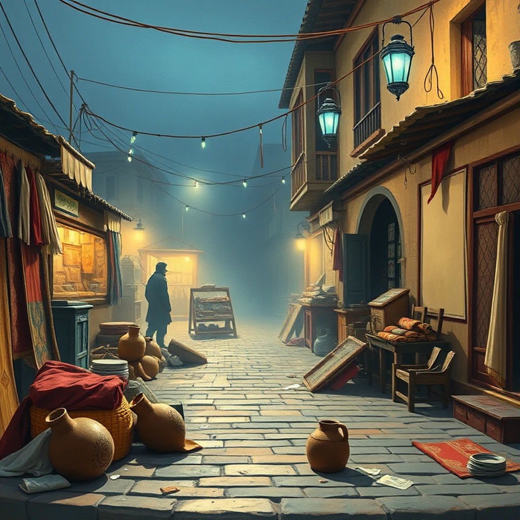 Image A of the puzzle: flying carpet bazaar in a bustling city square