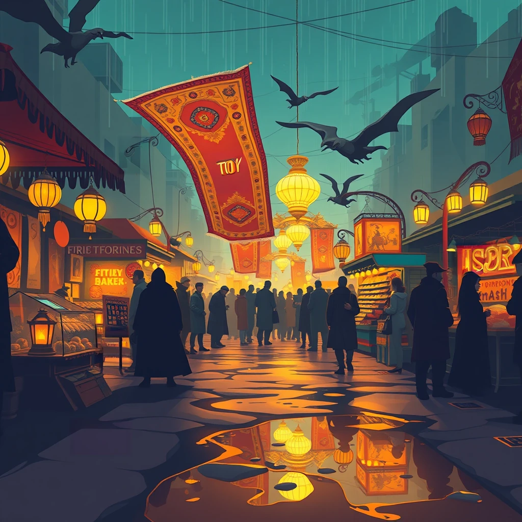 Image B of the puzzle: flying carpet bazaar in a bustling fantasy city market