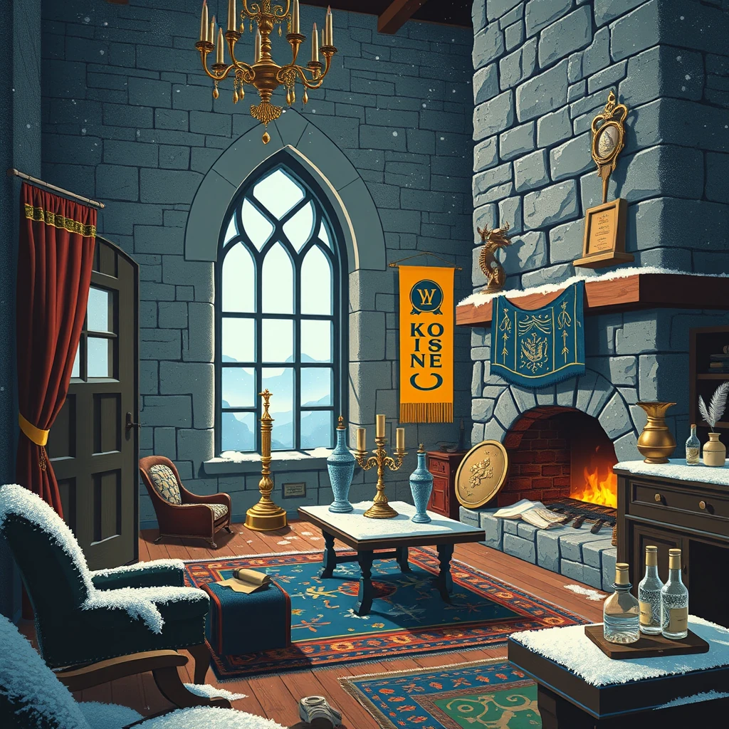 Image A of the puzzle: frost-covered winter castle turret with icicle pendants and snowflakes