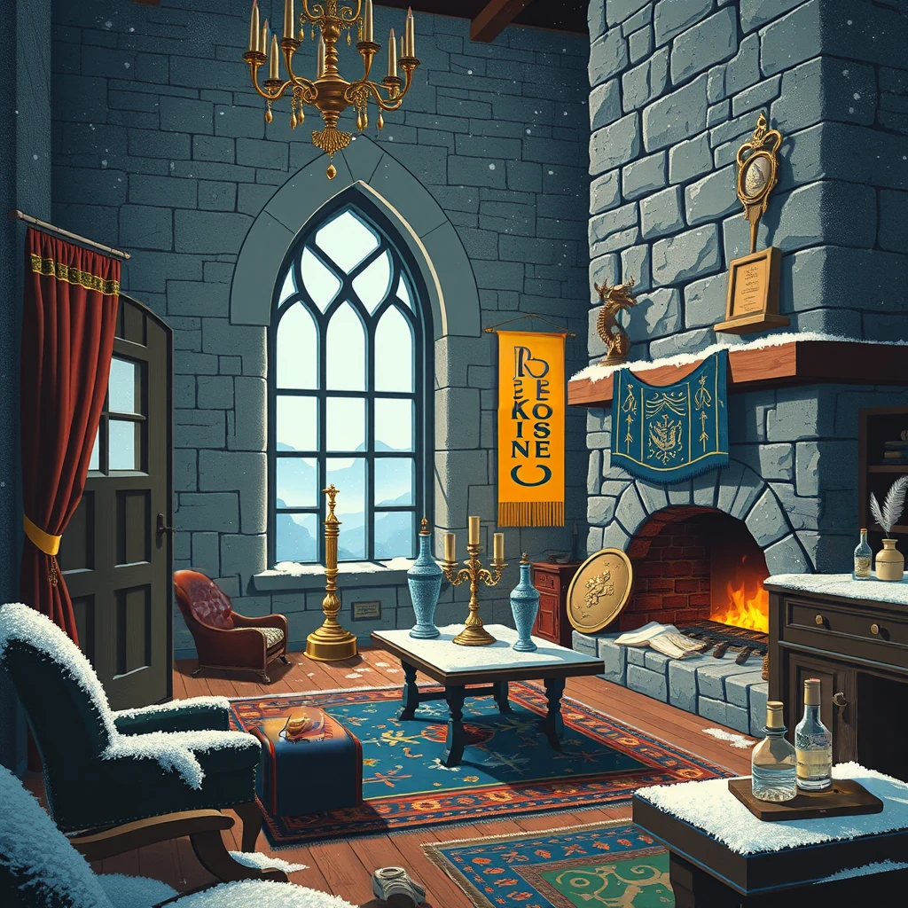 Image B of the puzzle: frost-covered winter castle turret with icicle pendants and snowflakes