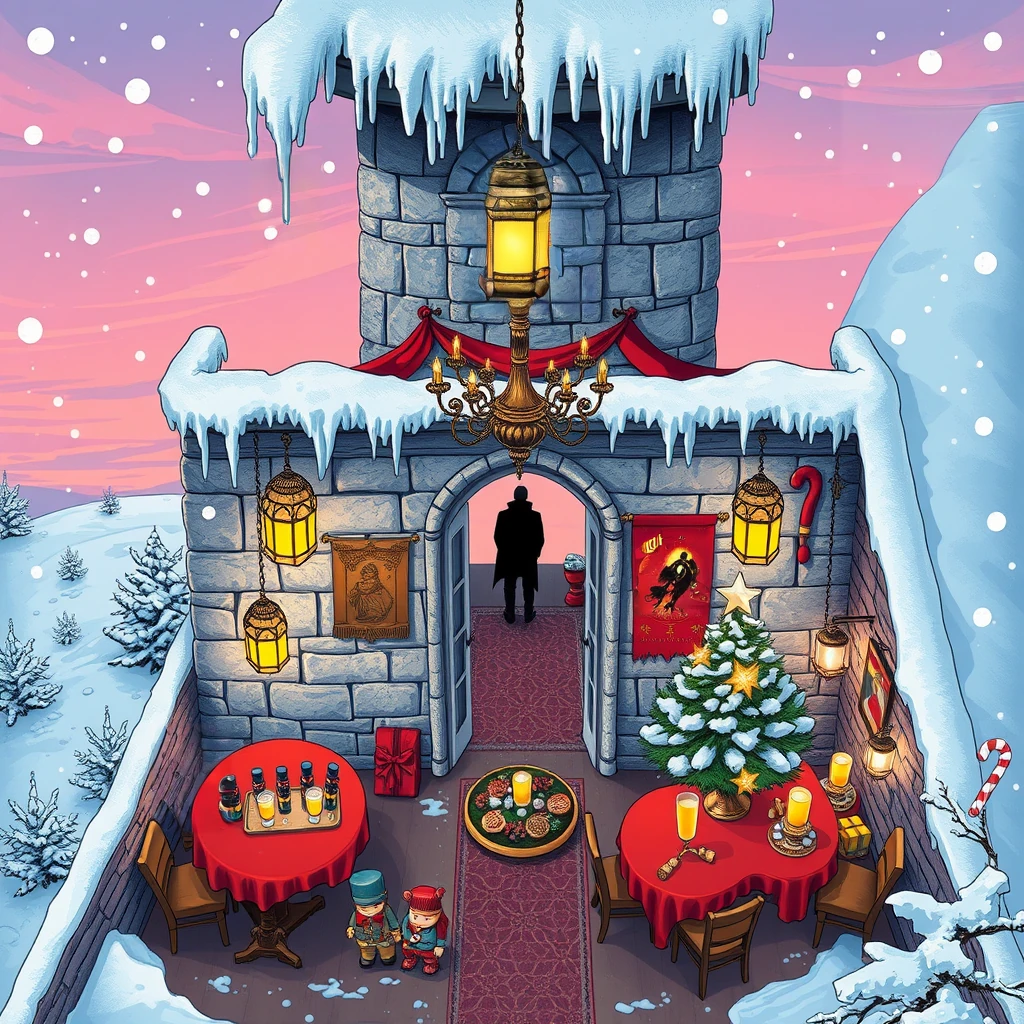Image B of the puzzle: frost-covered winter castle turret with icicle pendants and snowflakes