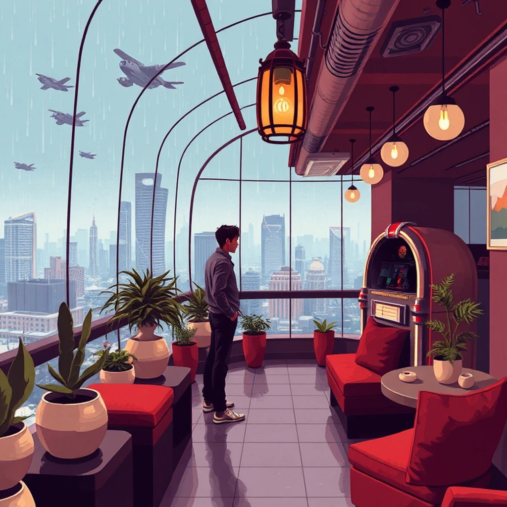 Image A of the puzzle: future city skyline rooftop restaurant with panoramic views and flying cars