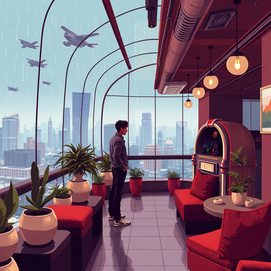 Image B of the puzzle: future city skyline rooftop restaurant with panoramic views and flying cars