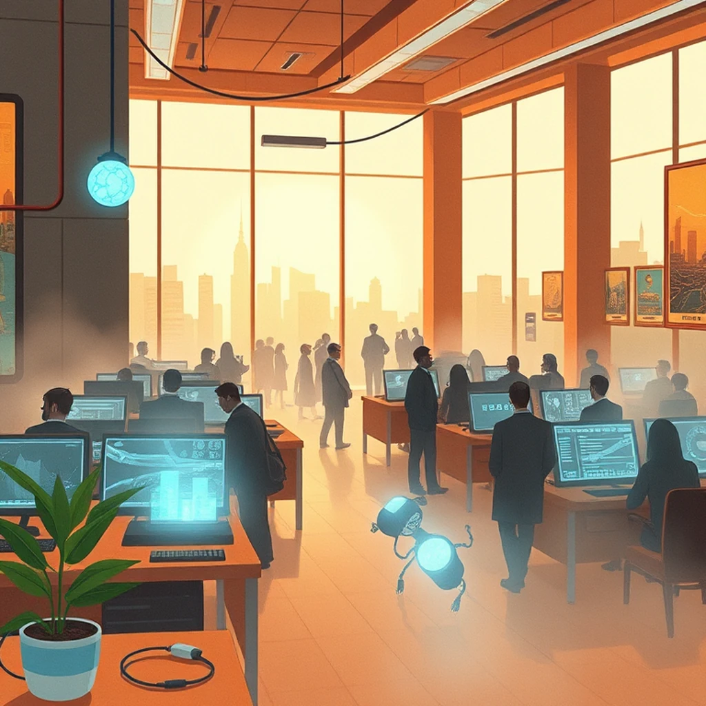 Image A of the puzzle: future high-tech office with large panoramic windows and digital workspaces