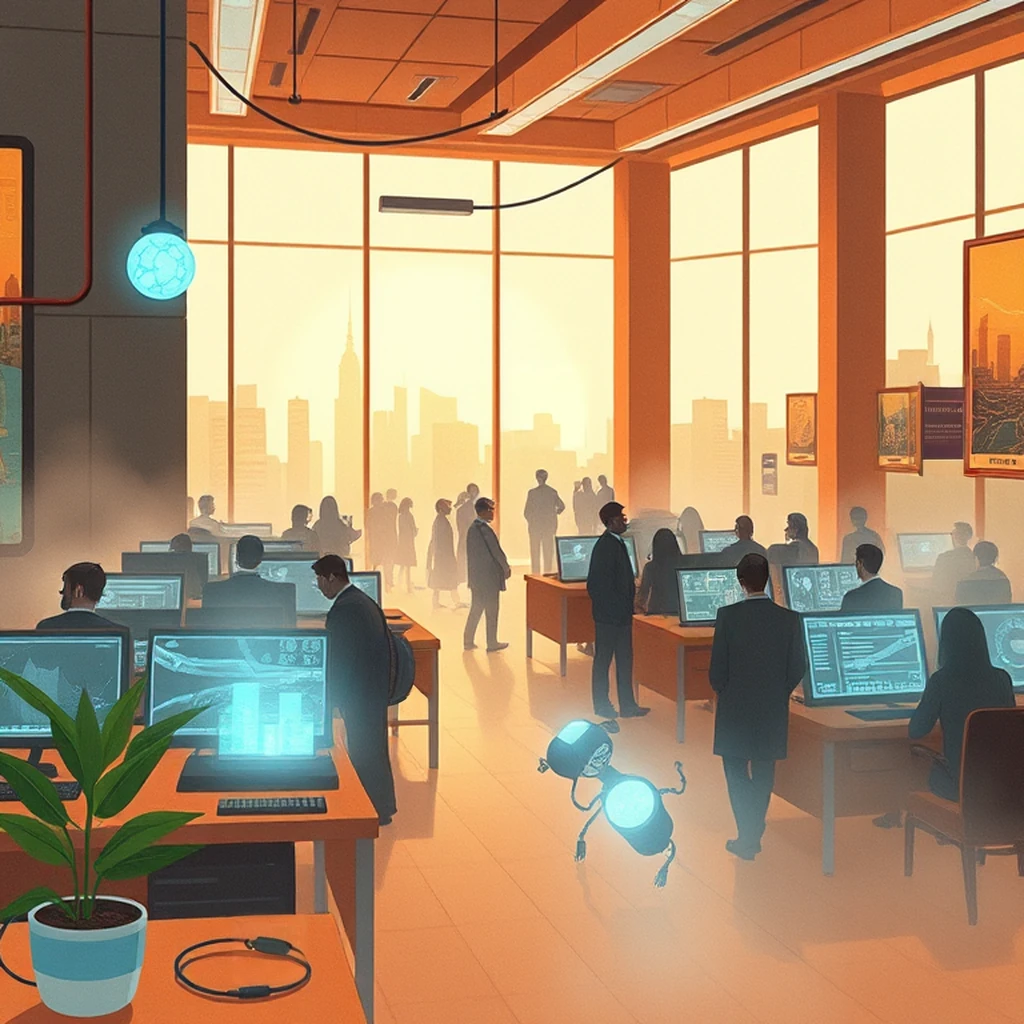 Image B of the puzzle: future high-tech office with large panoramic windows and digital workspaces