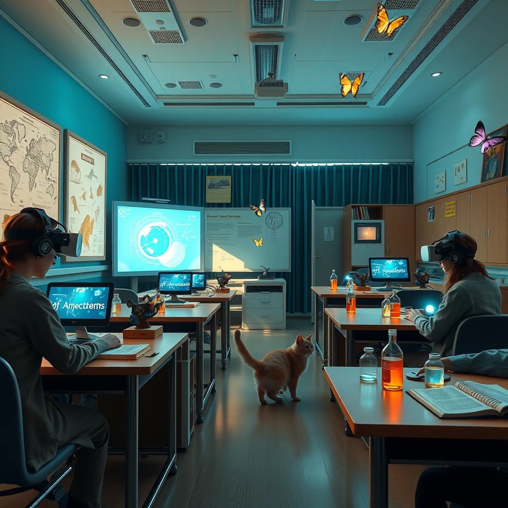 Image A of the puzzle: future school classroom with holographic teacher, VR desks, and smartboards