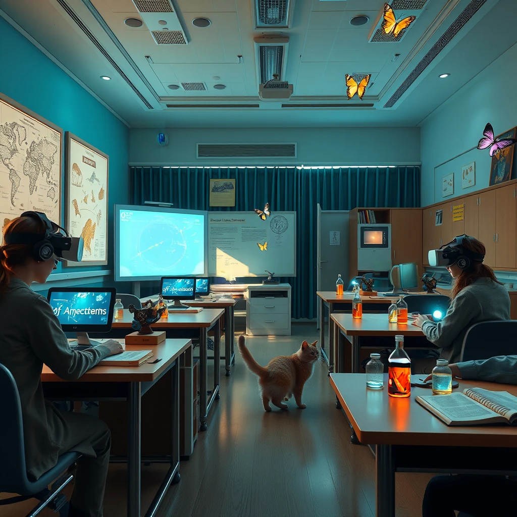 Image B of the puzzle: future school classroom with holographic teacher, VR desks, and smartboards