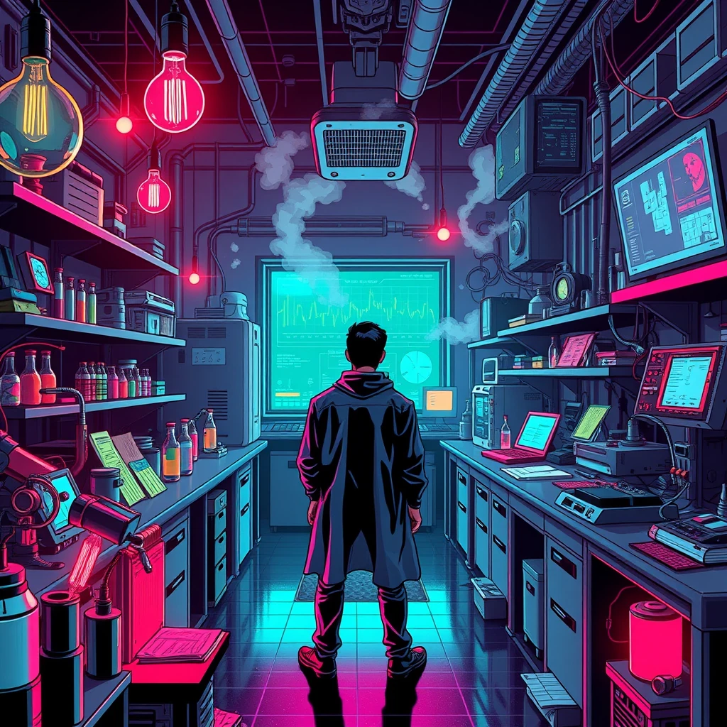 Image A of the puzzle: future school science lab with glowing test tubes and digital interfaces