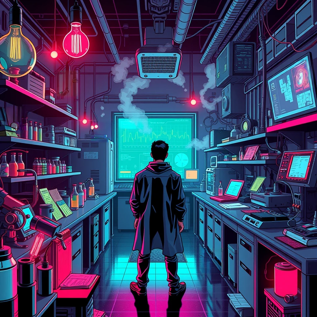 Image B of the puzzle: future school science lab with glowing test tubes and digital interfaces