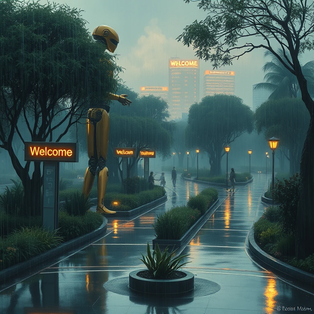 Image A of the puzzle: futuristic city park with robotic gardeners and holographic signage