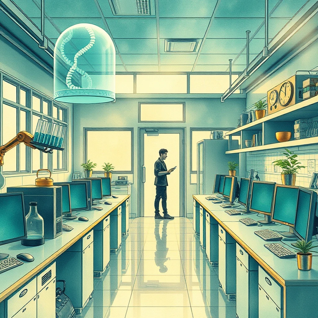 Image A of the puzzle: futuristic high school science lab with holographic elements and advanced instruments
