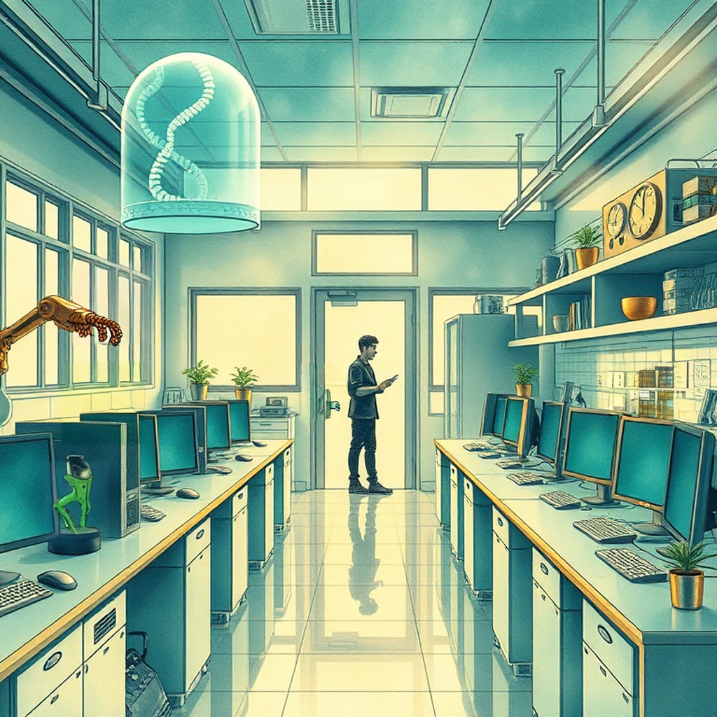 Image B of the puzzle: futuristic high school science lab with holographic elements and advanced instruments