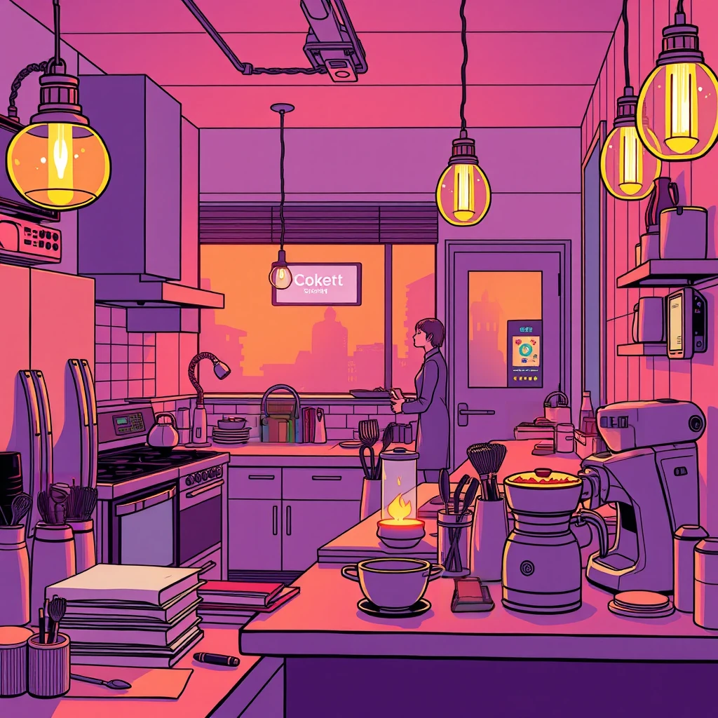 Image B of the puzzle: Futuristic home kitchen with AI-assisted cooking bots and screens