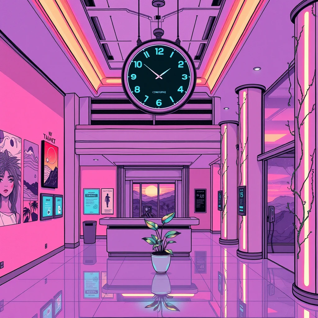 Image A of the puzzle: futuristic hotel lobby with holographic concierge and digital artwork