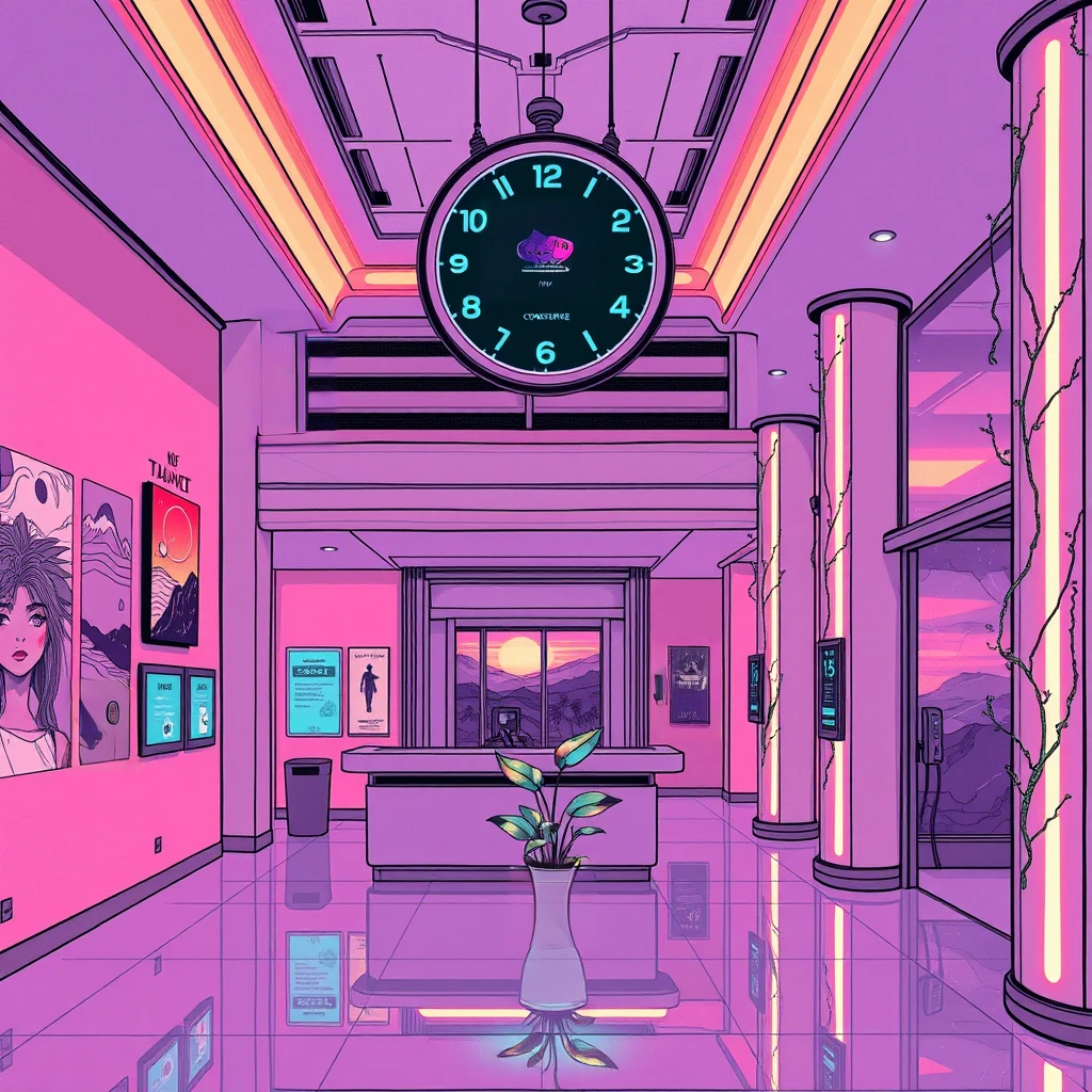Image B of the puzzle: futuristic hotel lobby with holographic concierge and digital artwork