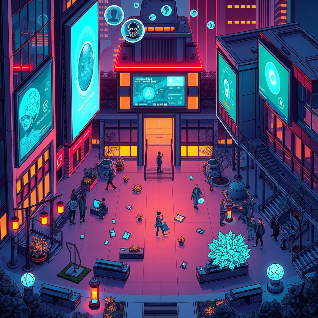 Image A of the puzzle: futuristic university campus quad with holographic billboards and AI assistants