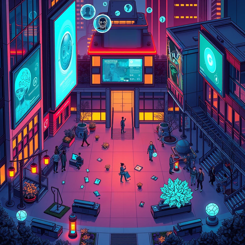 Image B of the puzzle: futuristic university campus quad with holographic billboards and AI assistants