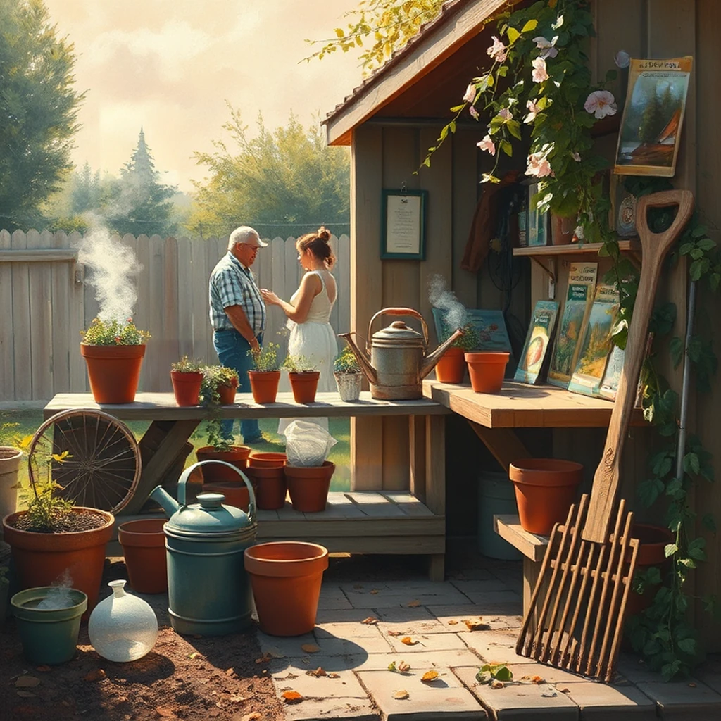 Image B of the puzzle: Garden shed potting bench with seed packets and terracotta pots
