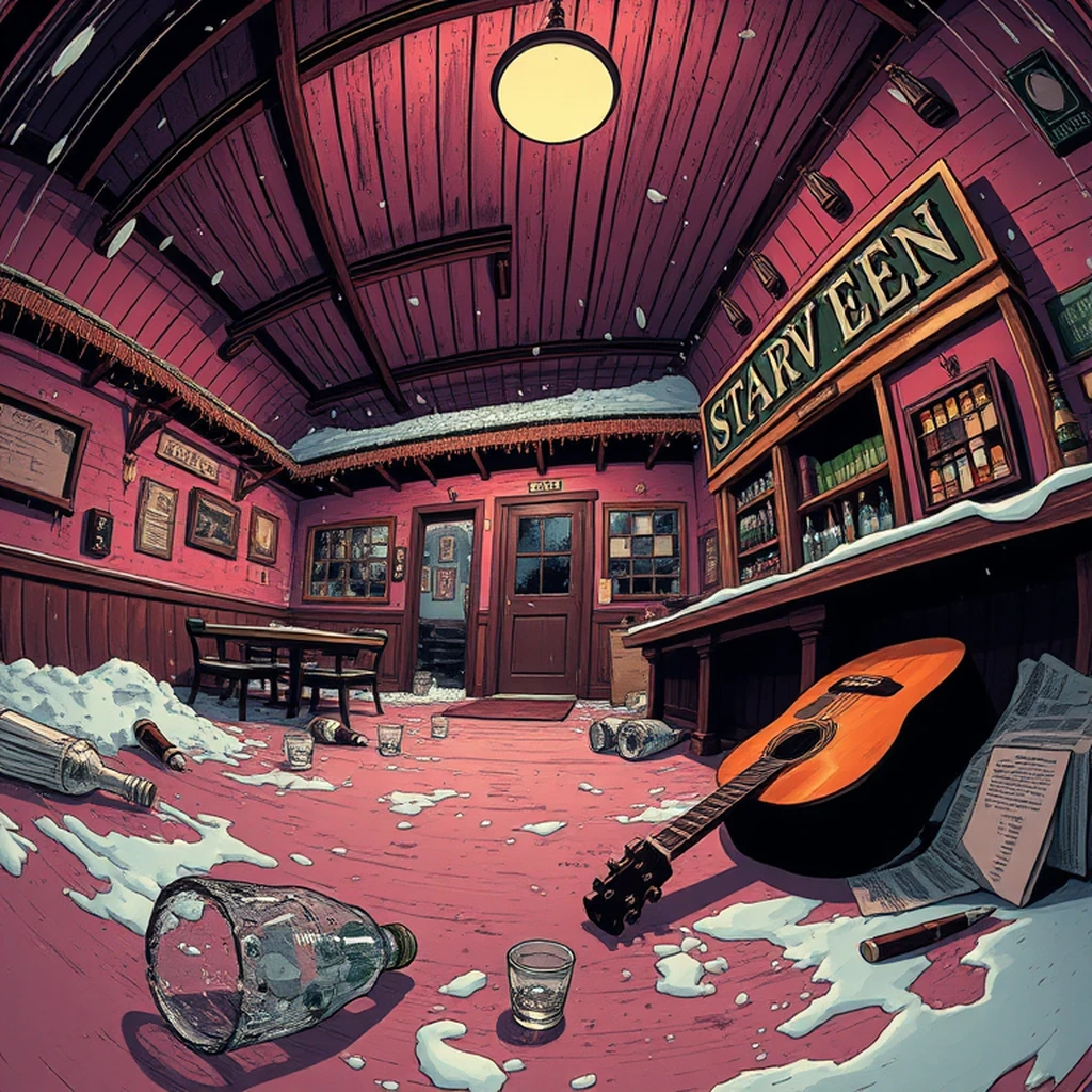 Image A of the puzzle: ghost town tavern in the evening with spectral patrons