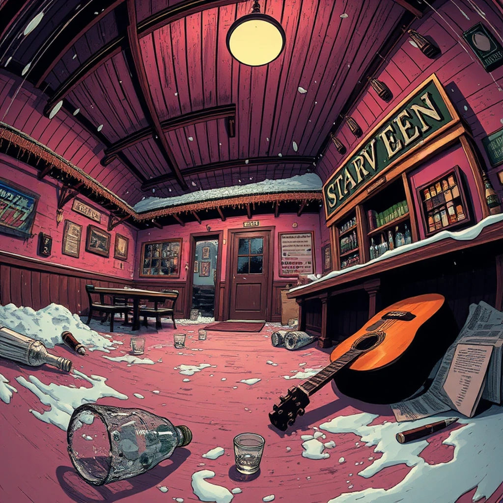 Image B of the puzzle: ghost town tavern in the evening with spectral patrons