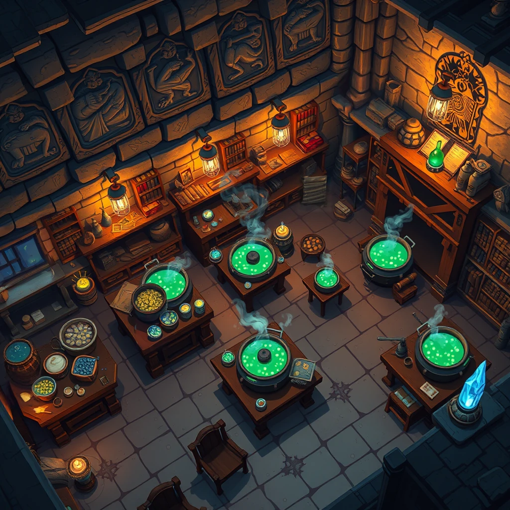 Image B of the puzzle: giant's kitchen with oversized cauldrons and magical ingredients