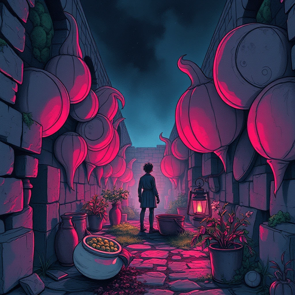 Image A of the puzzle: giant's stone kitchen garden with oversized vegetables growing
