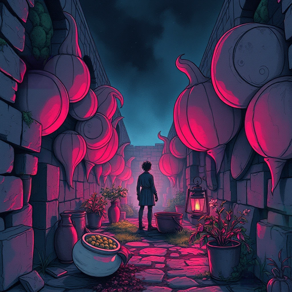 Image B of the puzzle: giant's stone kitchen garden with oversized vegetables growing