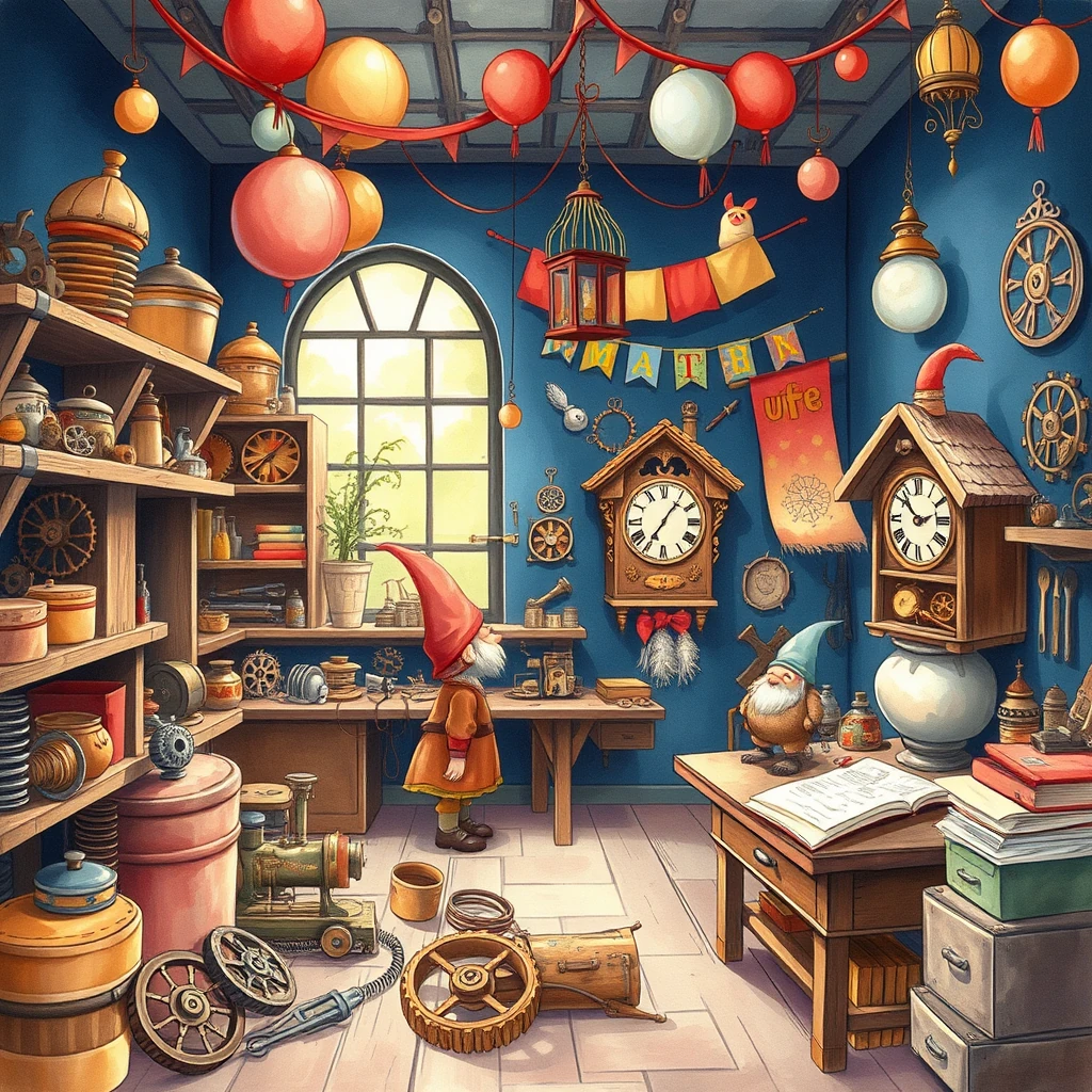 Image A of the puzzle: gnome clockwork workshop full of gears, springs, and mechanical wonders