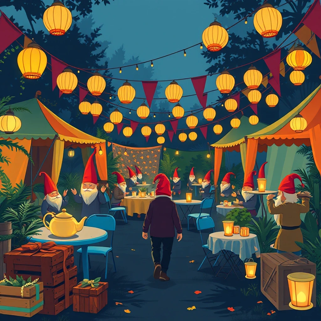 Image A of the puzzle: gnome garden party with colorful tents and twinkling lanterns