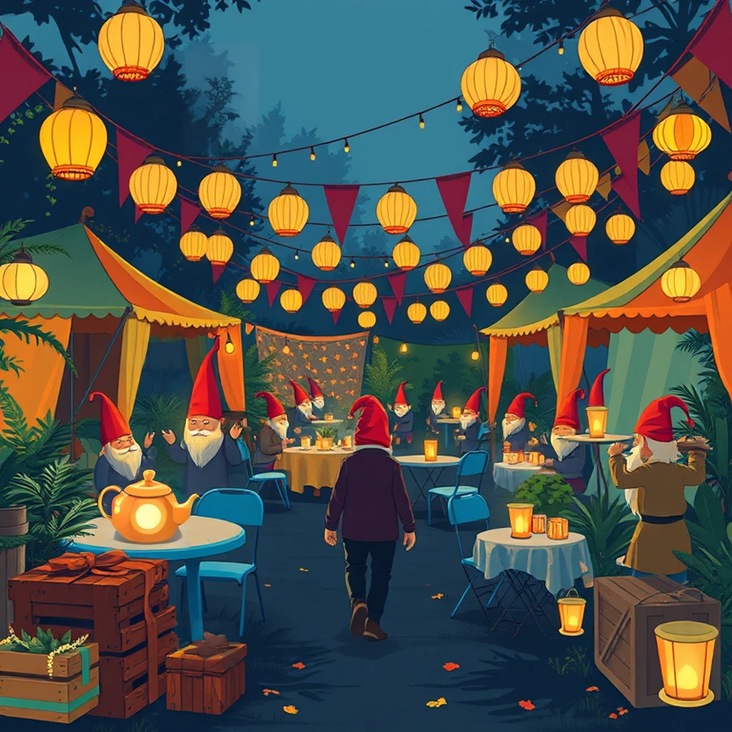Image B of the puzzle: gnome garden party with colorful tents and twinkling lanterns