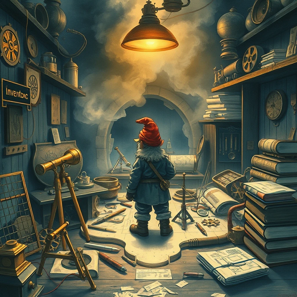 Image A of the puzzle: gnome inventor's workshop cluttered with tools and prototypes