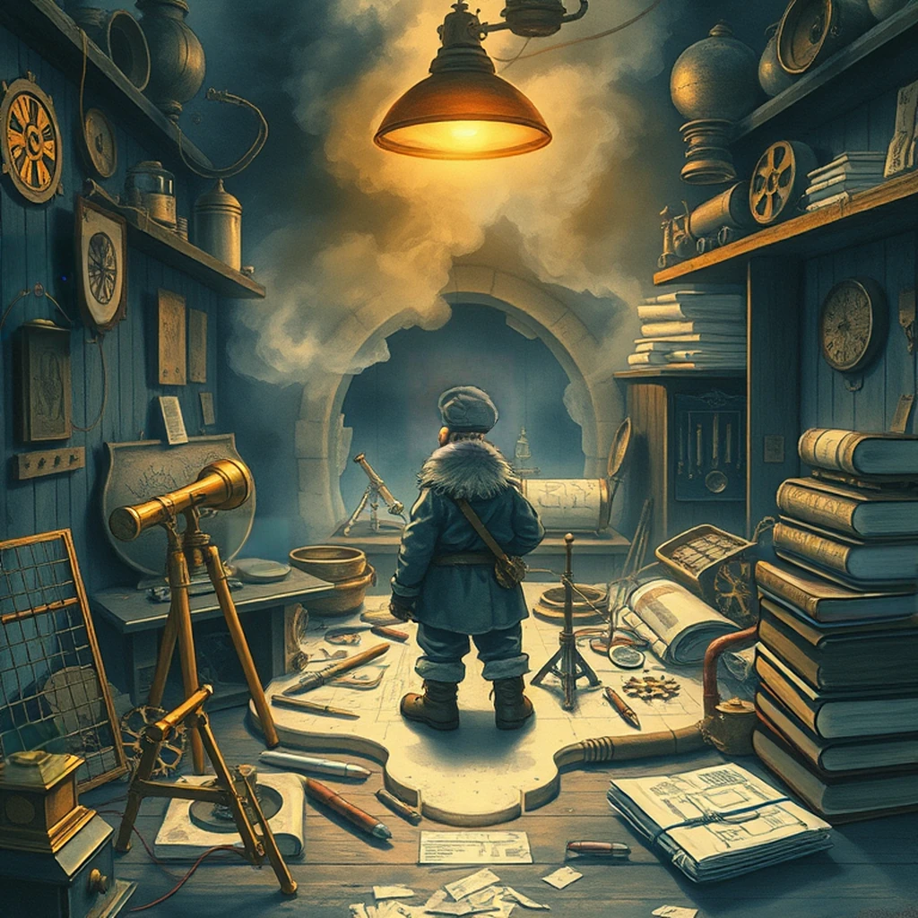 Image B of the puzzle: gnome inventor's workshop cluttered with tools and prototypes
