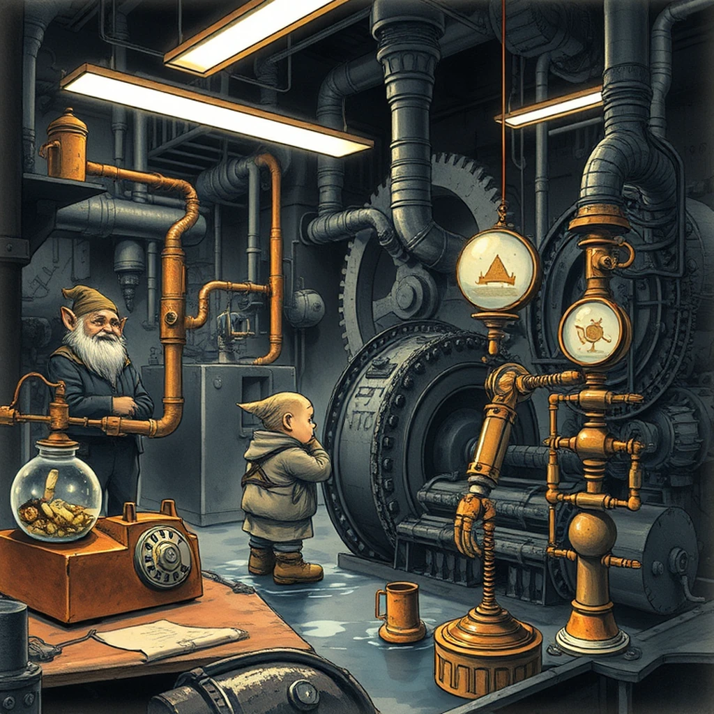Image A of the puzzle: gnome mechanical laboratory full of steam engines and gadgets