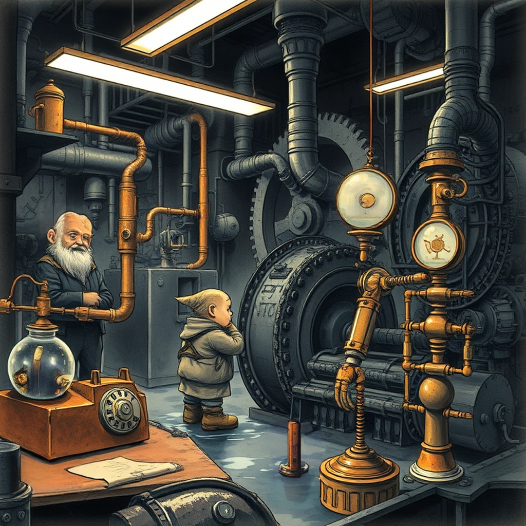 Image B of the puzzle: gnome mechanical laboratory full of steam engines and gadgets