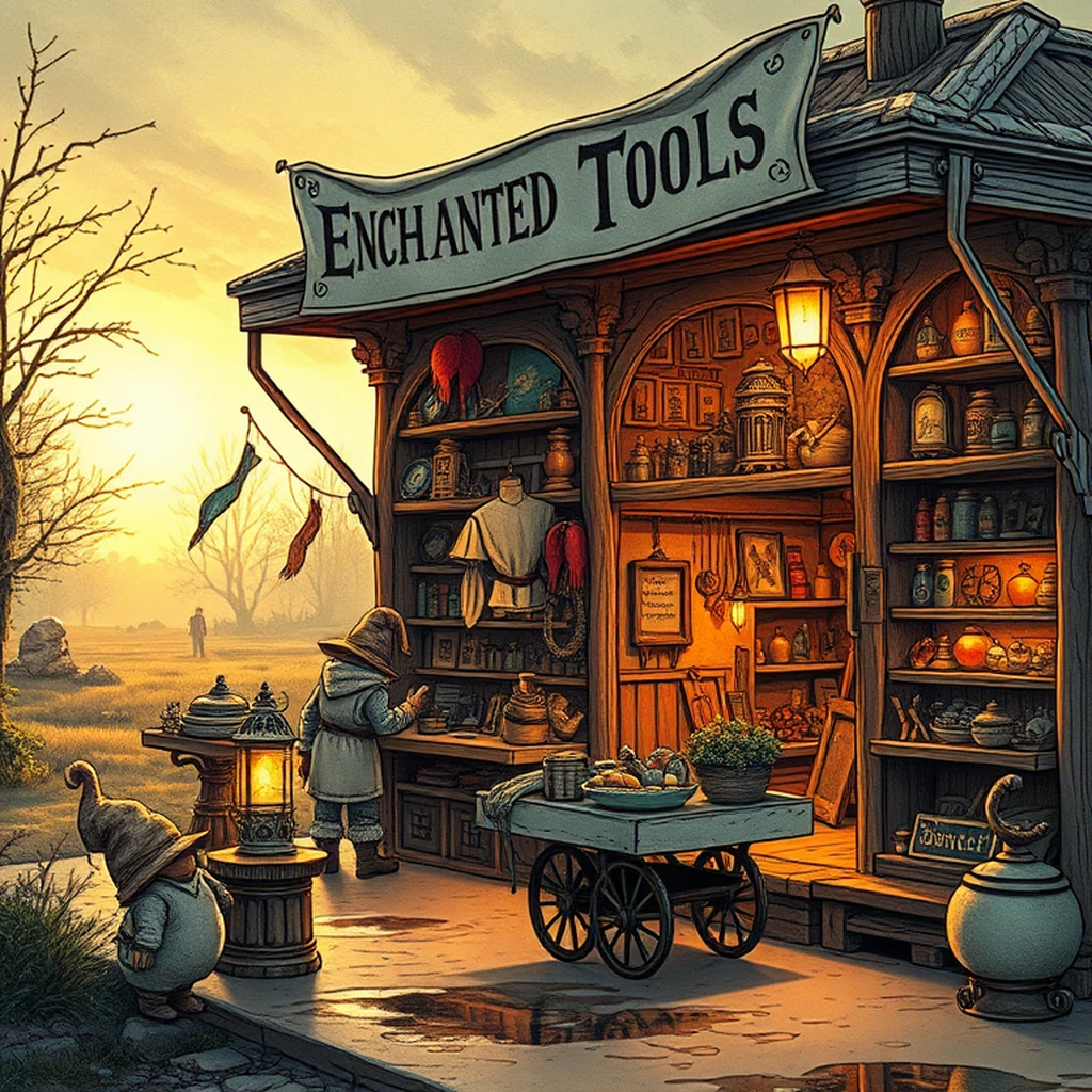 Image A of the puzzle: gnome trading post with enchanted tools and widgets