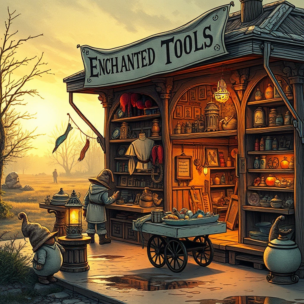 Image B of the puzzle: gnome trading post with enchanted tools and widgets