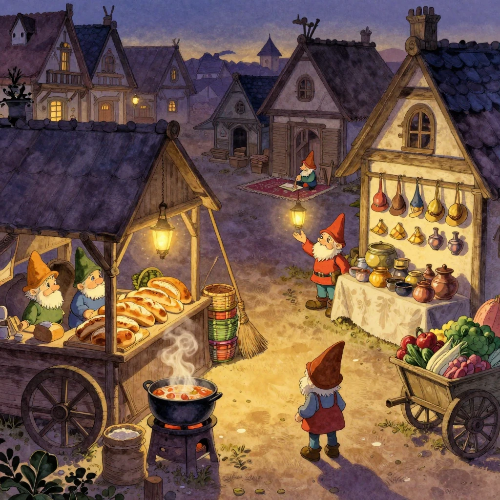 gnome village marketplace, a regular customer hides from chores while a shopkeeper waves them over with a twinkling lantern, gentle market bustle