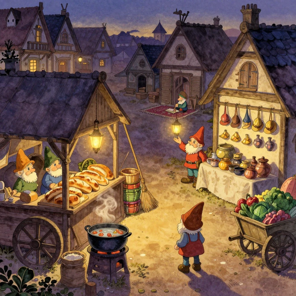 Image B of the puzzle: gnome village marketplace, a regular customer hides from chores while a shopkeeper waves them over with a twinkling lantern, gentle market bustle