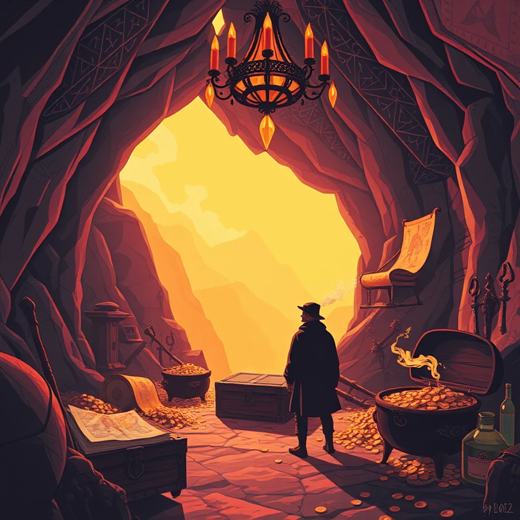 Image A of the puzzle: goblin lair deep underground with treasure chests scattered