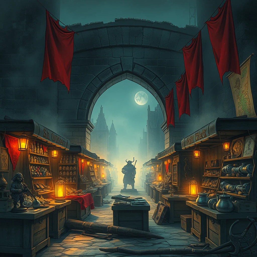 Image A of the puzzle: goblin merchant camp under a bridge with goods displayed