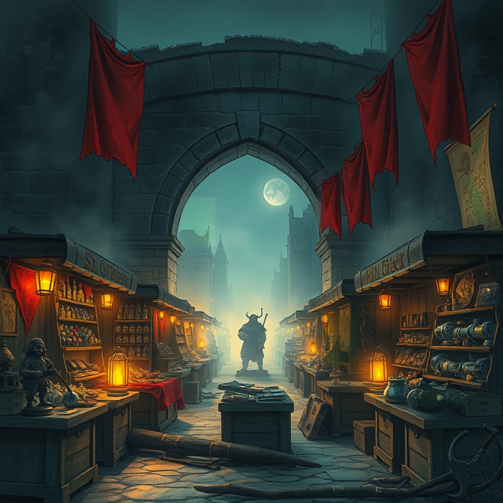 Image B of the puzzle: goblin merchant camp under a bridge with goods displayed