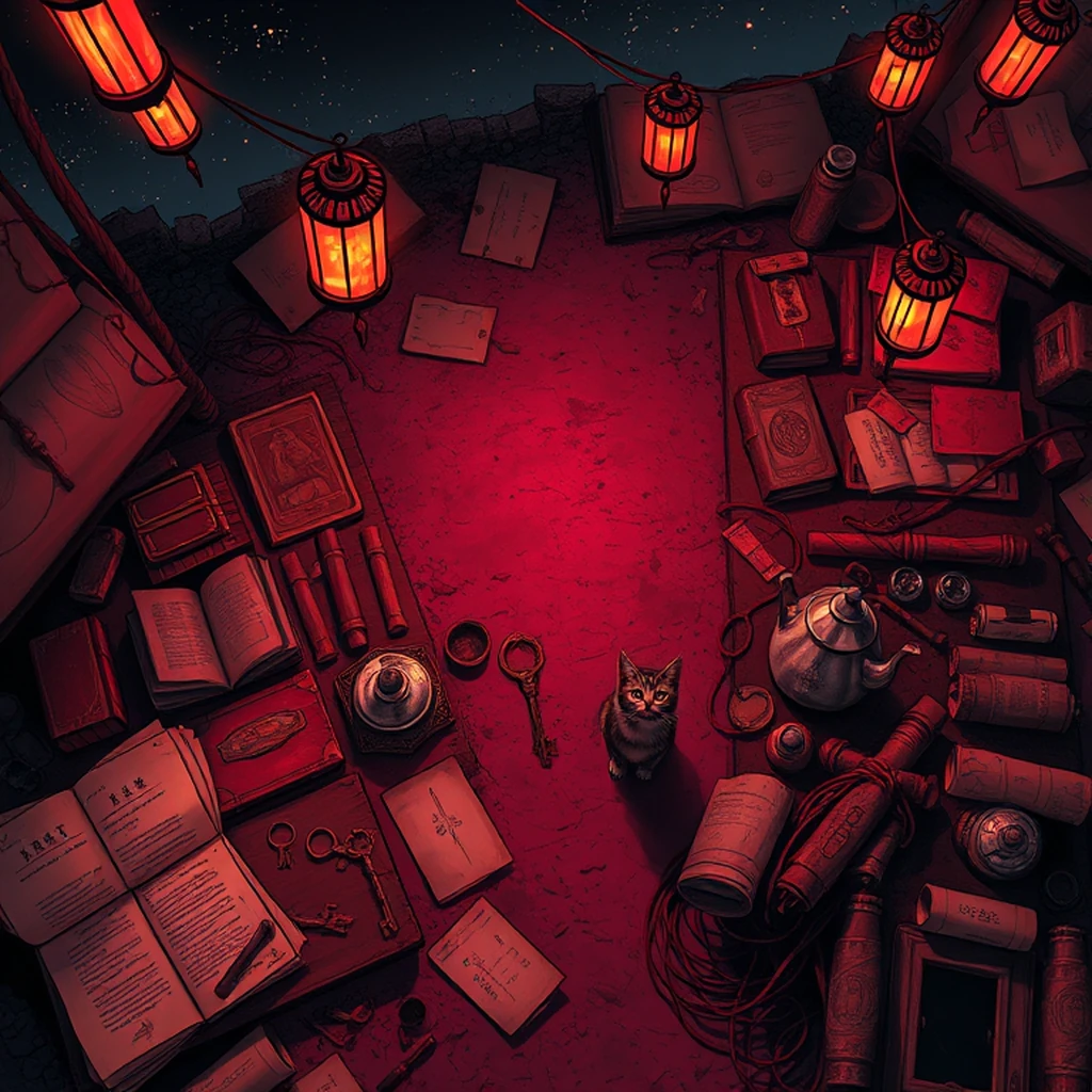 Image A of the puzzle: goblin scavenger campsite under the stars selling stolen goods