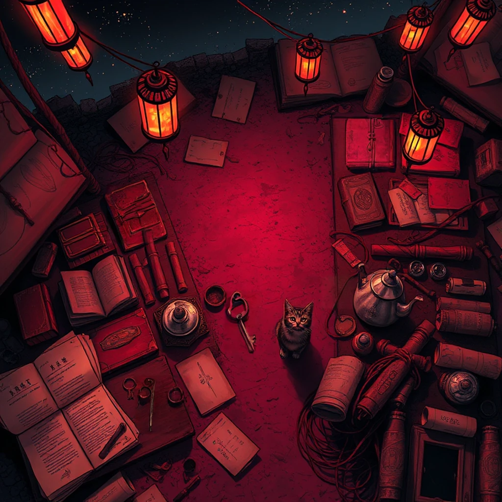 Image B of the puzzle: goblin scavenger campsite under the stars selling stolen goods