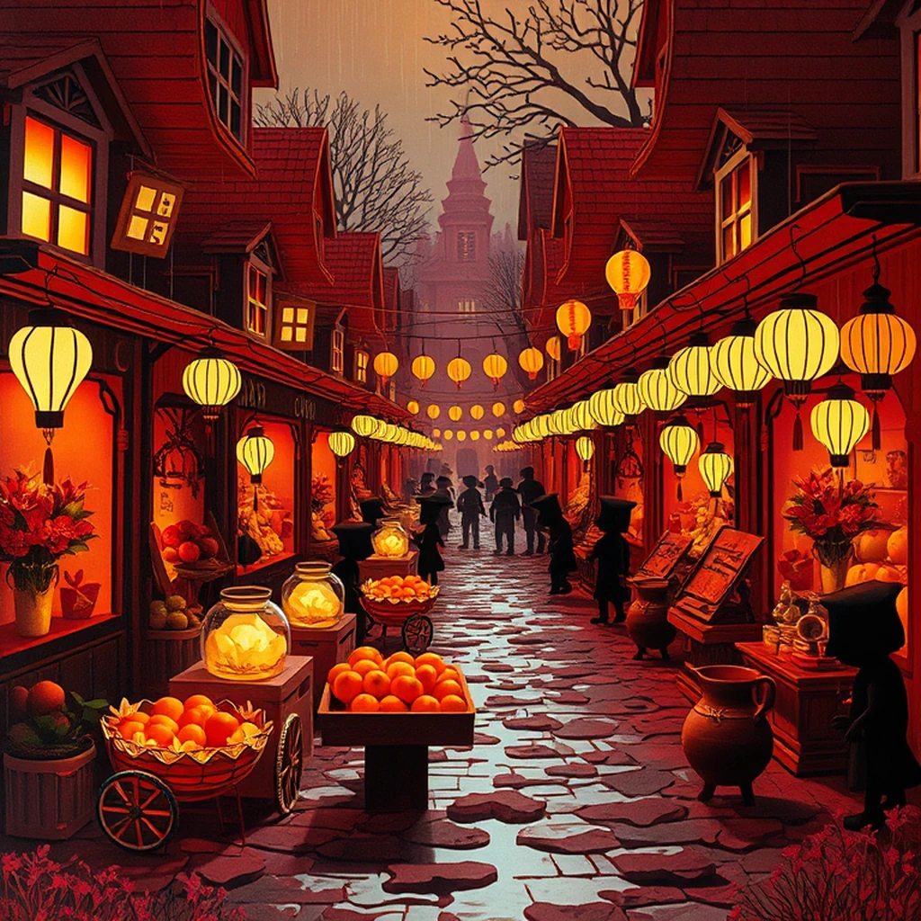 goblin village marketplace near a riverbank with stalls open