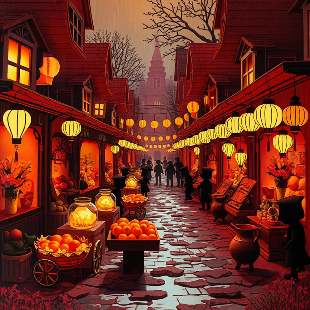 Image B of the puzzle: goblin village marketplace near a riverbank with stalls open