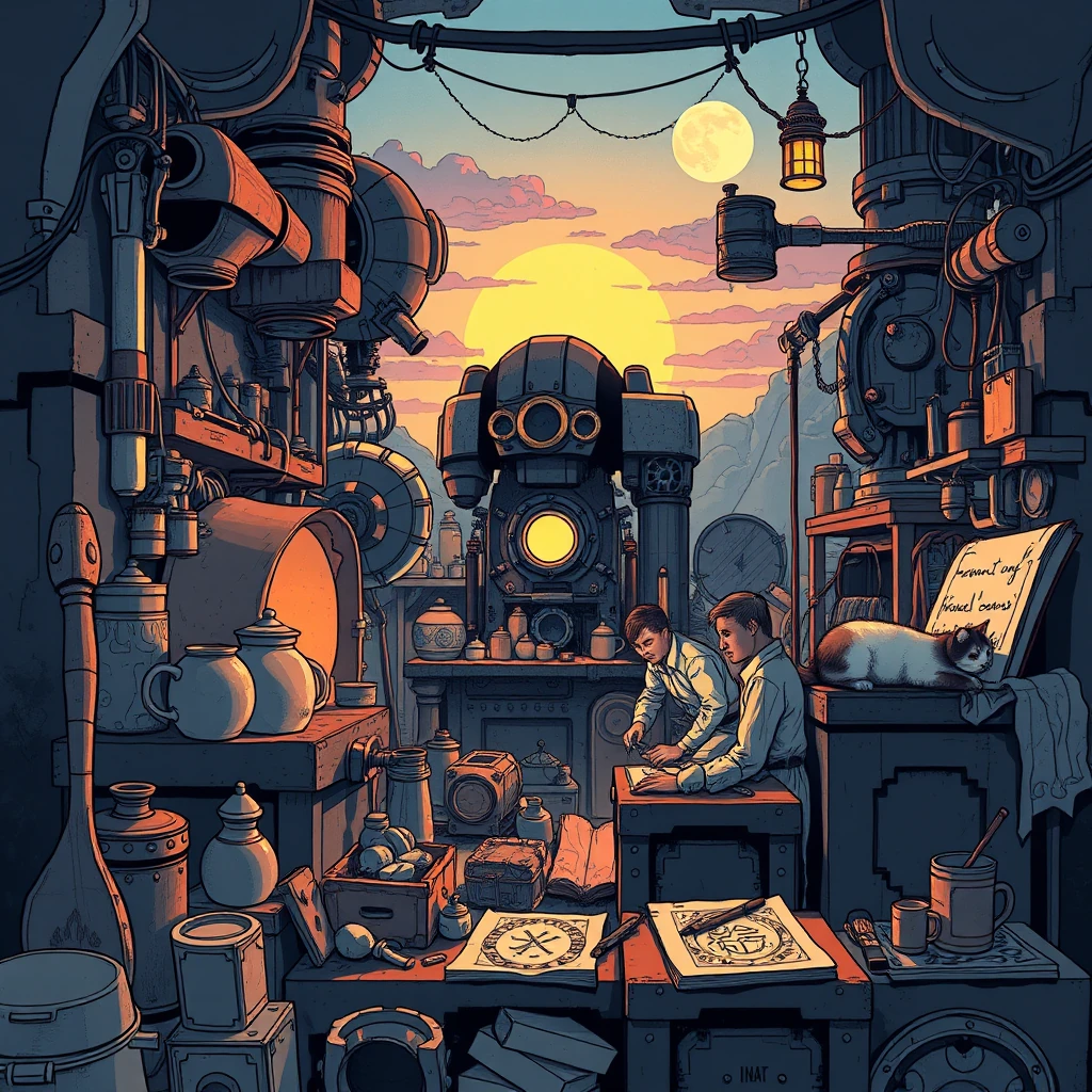 Image A of the puzzle: golem repair foundry with clay shells and rune cores under moonlight