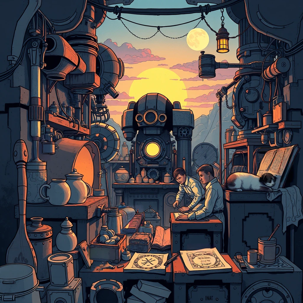 Image B of the puzzle: golem repair foundry with clay shells and rune cores under moonlight