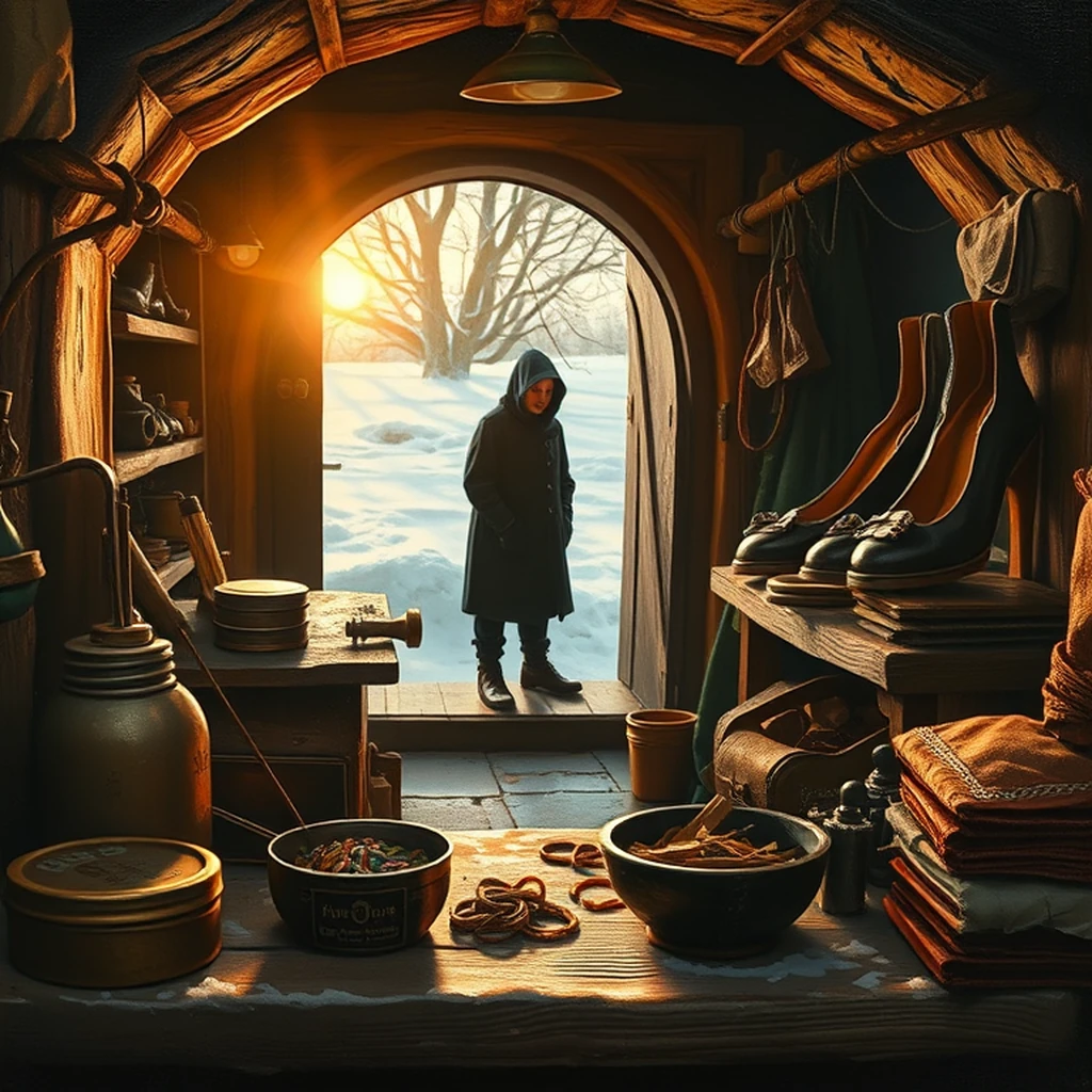 Image A of the puzzle: halfling shoe cobblers shop inside a hobbit hole