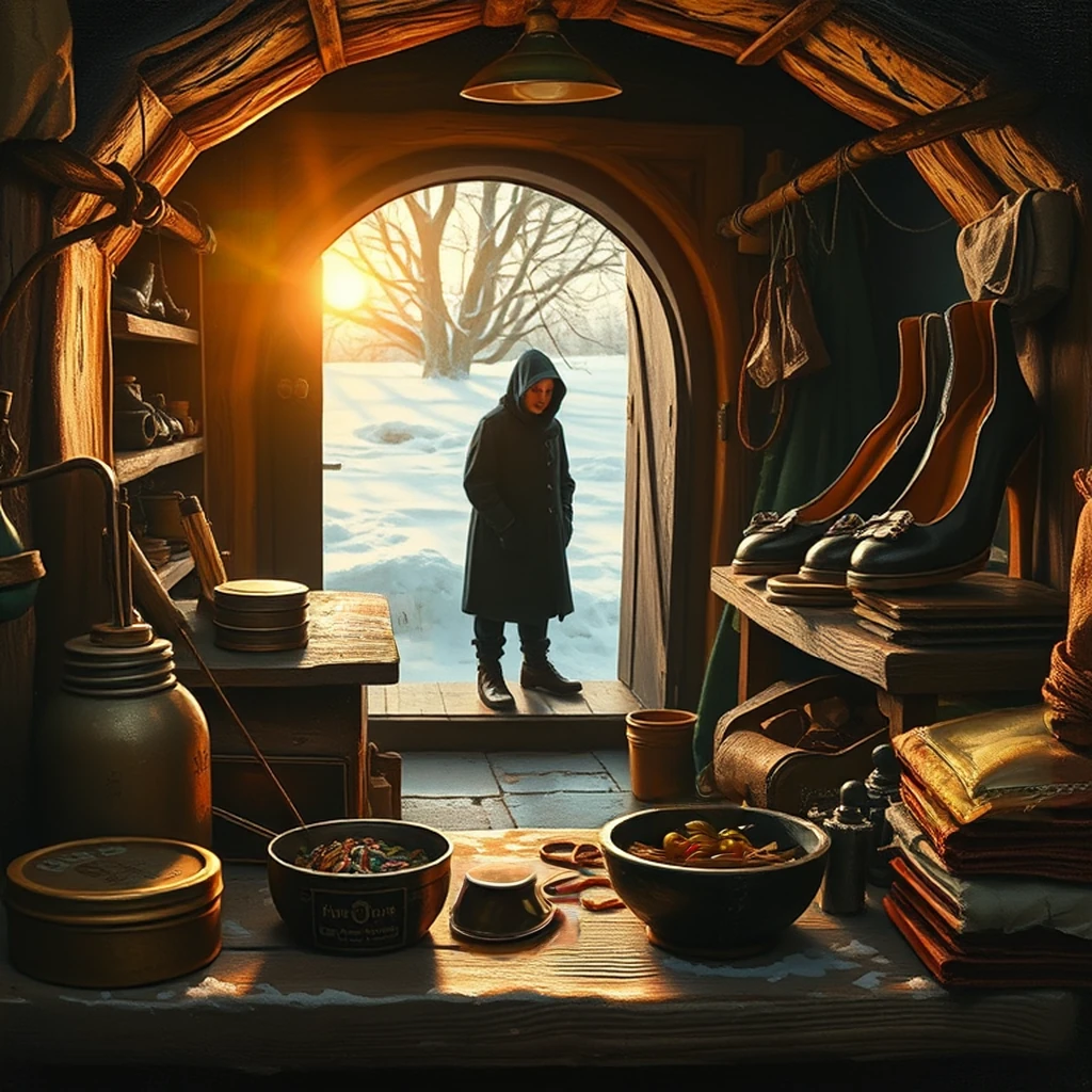 Image B of the puzzle: halfling shoe cobblers shop inside a hobbit hole