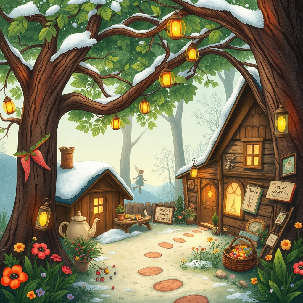Image A of the puzzle: hidden faerie village under giant trees with glowing lanterns and flowers
